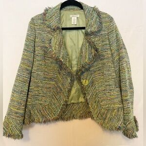 Laura Ashley Y2K green and blue single button coat with eyelash trim Size: M